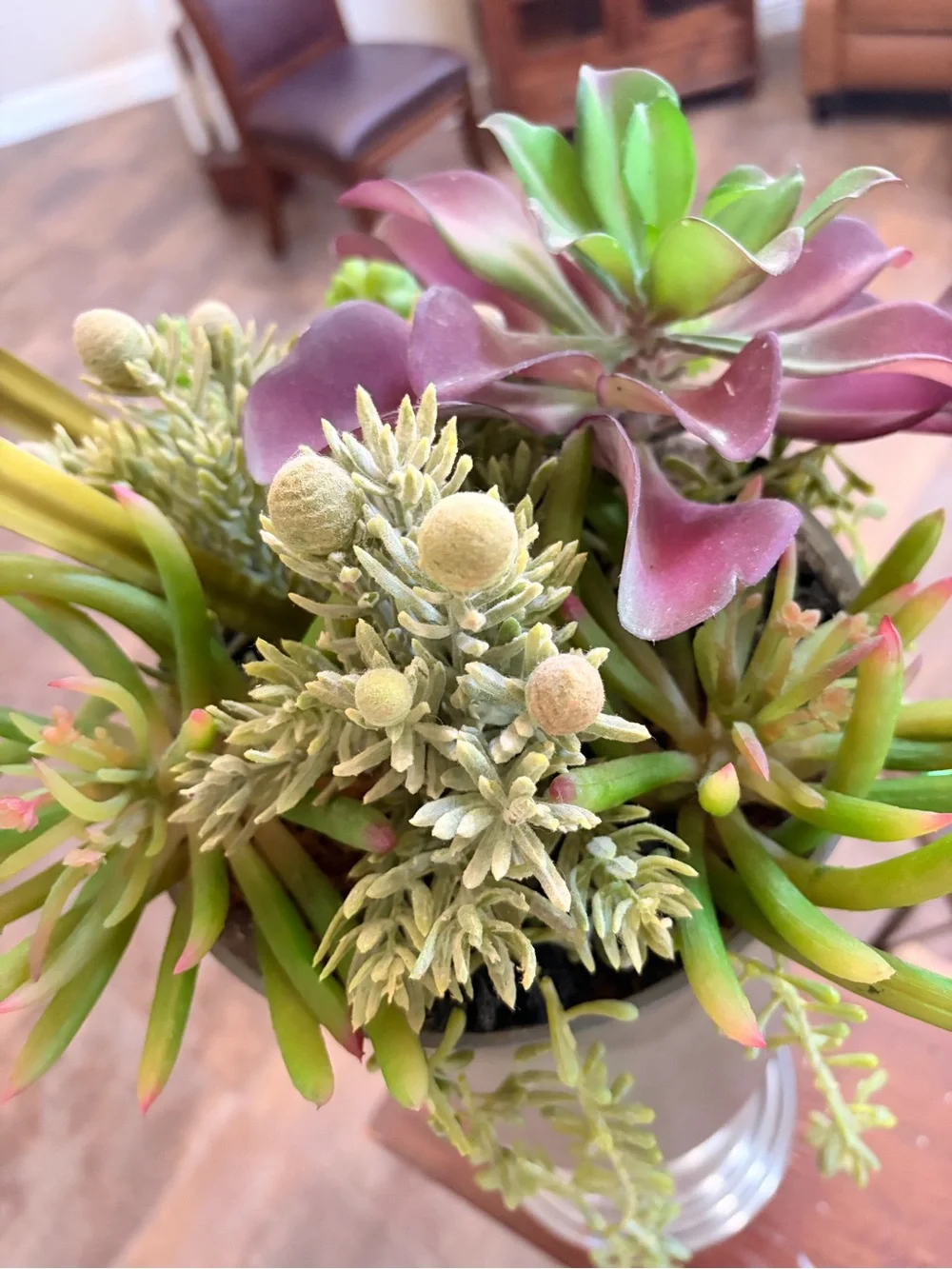 Metallic Silver Decorative Urn Vase with Green Succulent Accents